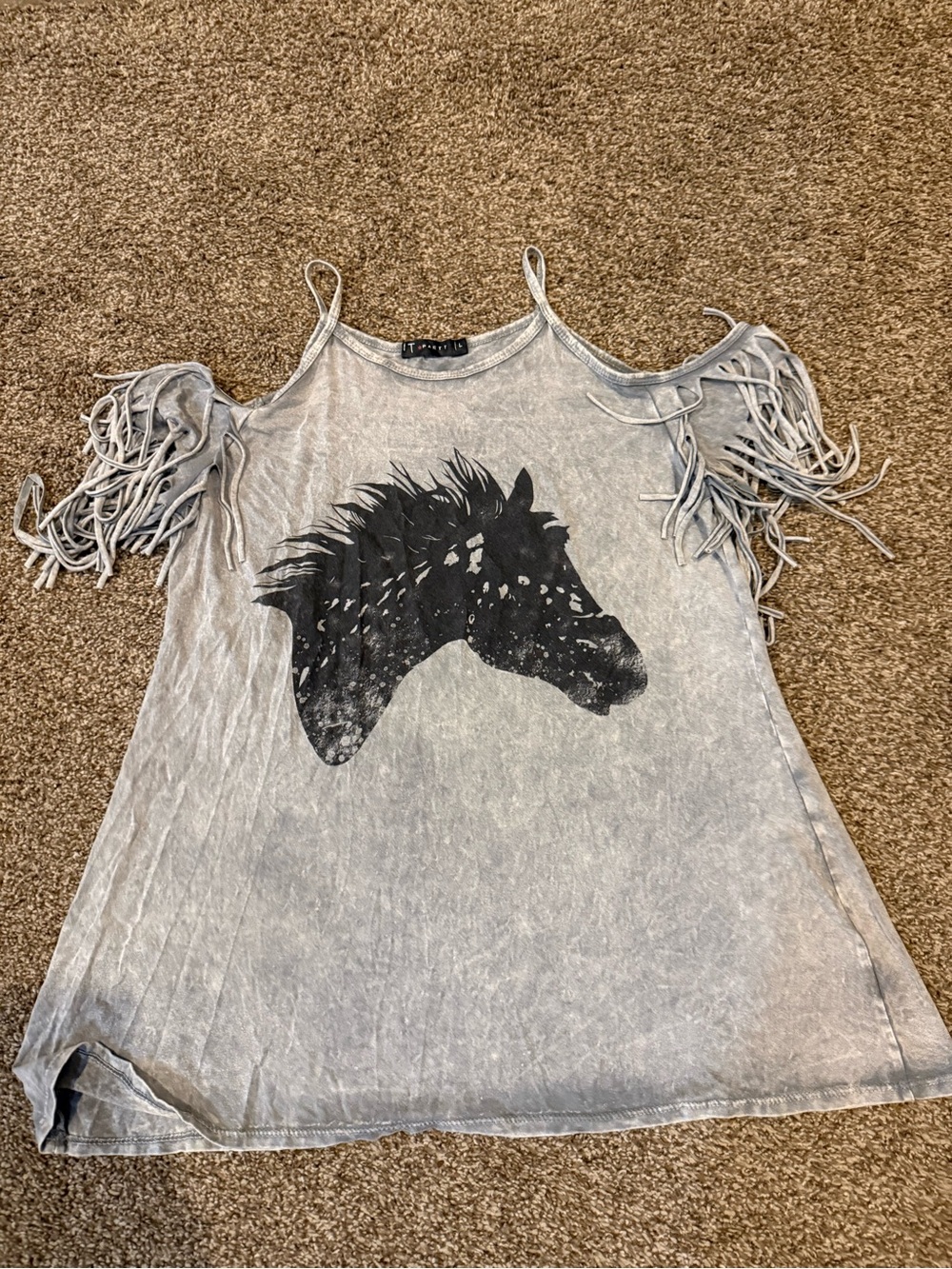 T Party Fashion Gray Cold-Shoulder Fringe Tank with Horse Graphic